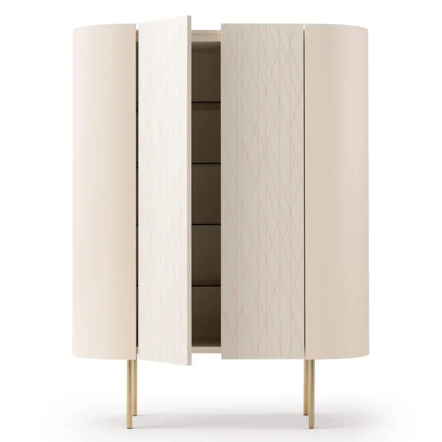 Elegant Turri Roma cupboard with glossy lacquered doors, golden metal legs and transparent glass shelves within