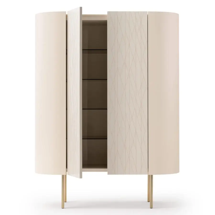 Distinguished Turri Roma cupboard with curved leather sides, glossy lacquered doors and light brown geometric decoration, built with golden metal legs
