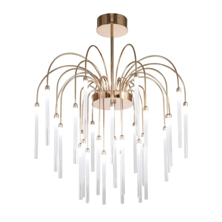 Lavish Stillux Line ceiling lamp with a warm gold metal structure and thirty curved arms supporting frosted Pyrex glass diffusers