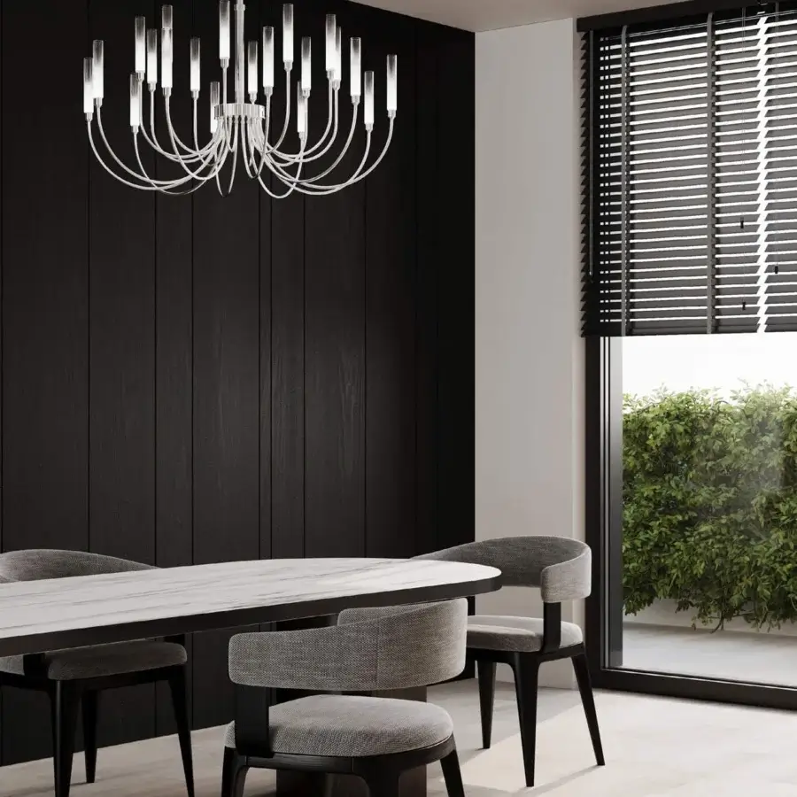 Superior Stillux Line ceiling lamp with a central metal structure and twenty curved arms supporting tubular frosted pyrex glass diffusers with a polished finish