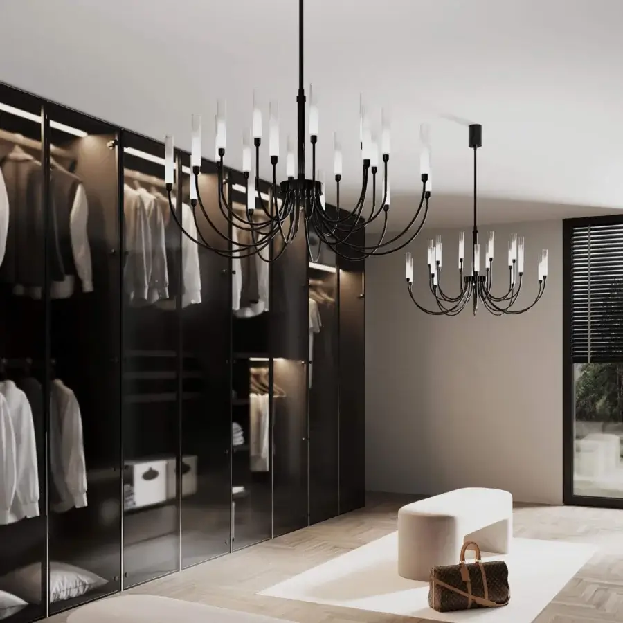 Elegant Stillux Line ceiling lamp with a central metal structure and twenty curved arms supporting frosted pyrex glass diffusers in a matte black finish
