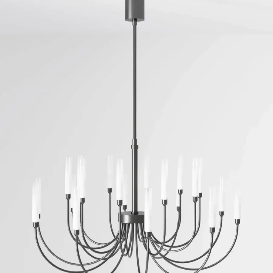 Distinguished Stillux Line ceiling lamp crafted in Italy with curved metal arms and tubular frosted pyrex glass diffusers in matte dark gray finish