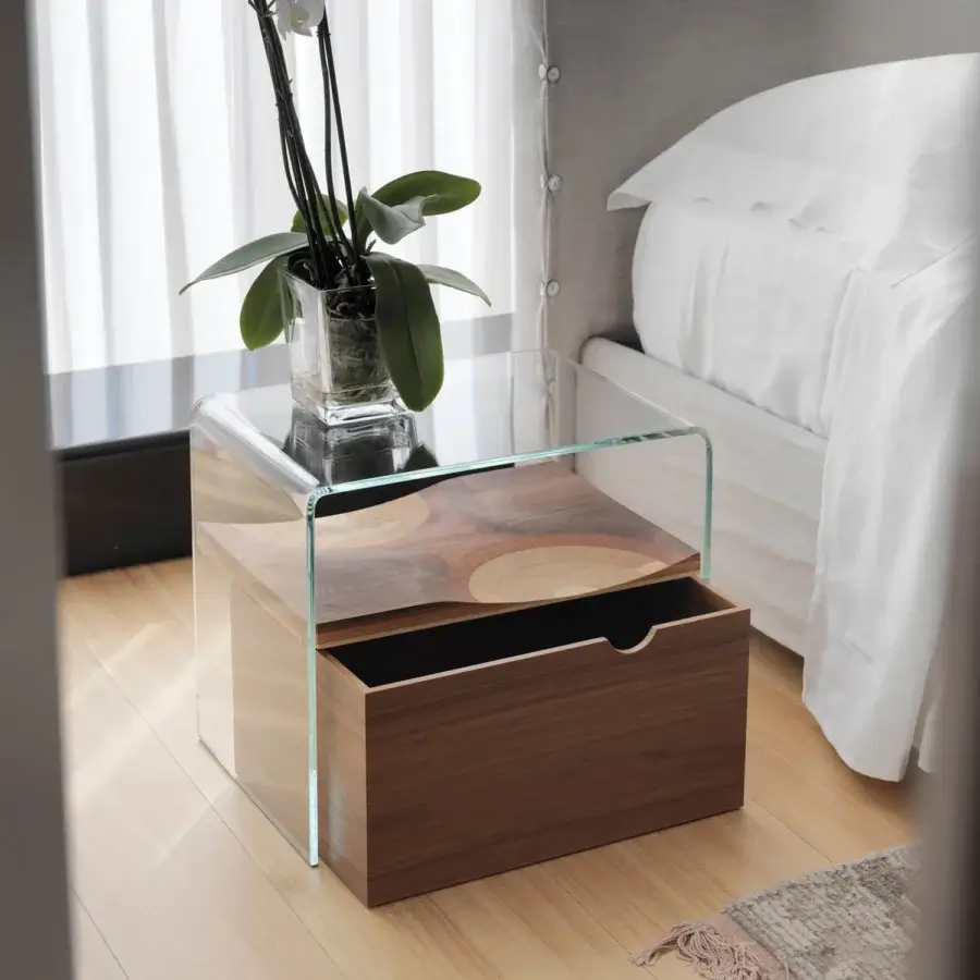 Exceptional Horm Bifronte nightstand with clear glass structure and medium-brown wood drawer embodying minimalist elegance crafted in Italy