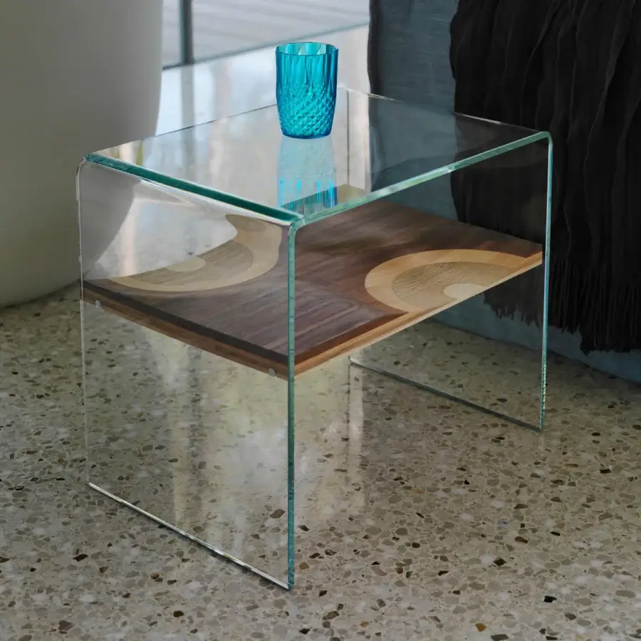 Captivating Horm Bifronte nightstand with a clear glass structure and premium wood shelf with curved patterned inlays