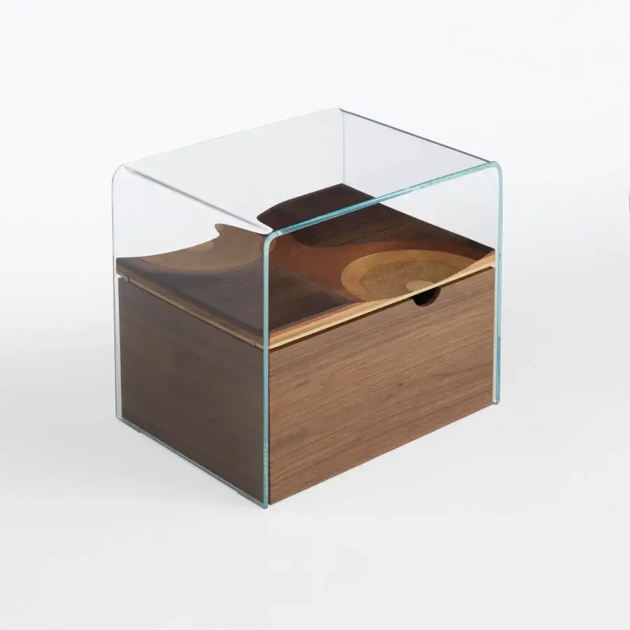 Elegant Horm Bifronte nightstand built with glass, framing a wood shelf and drawer with a smooth coordinating finish