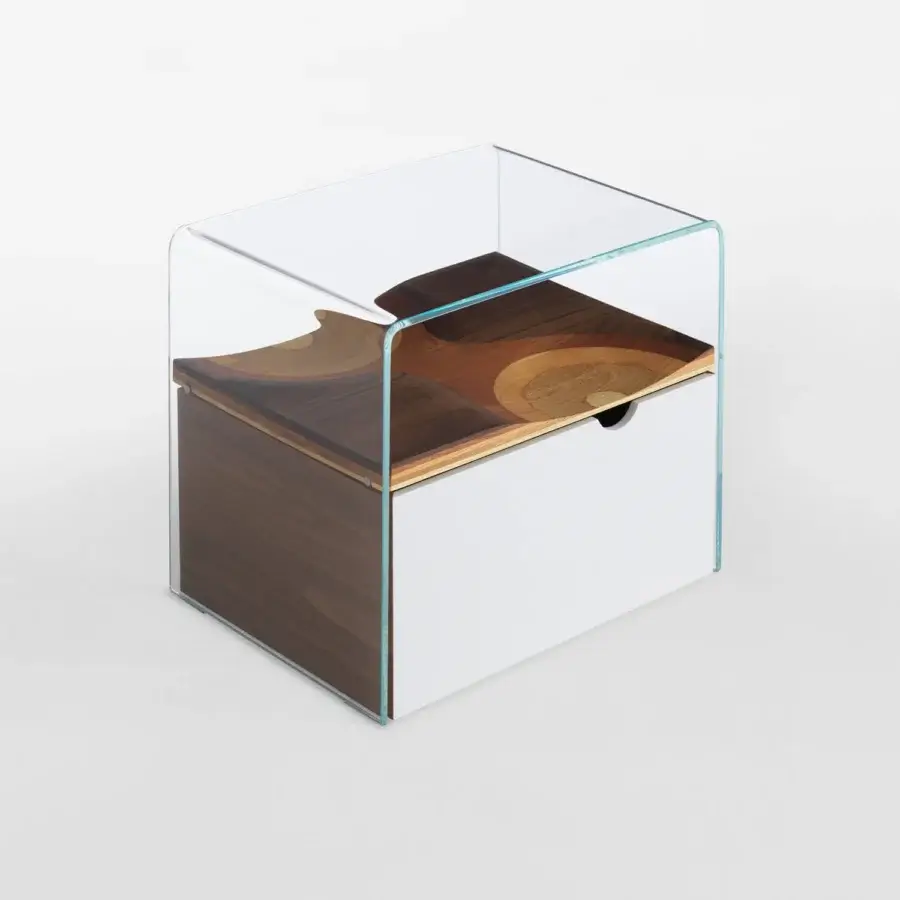 Distinguished Horm Bifronte nightstand built with white lacquered drawer fronts and a swirled brown wood shelf encased in glass