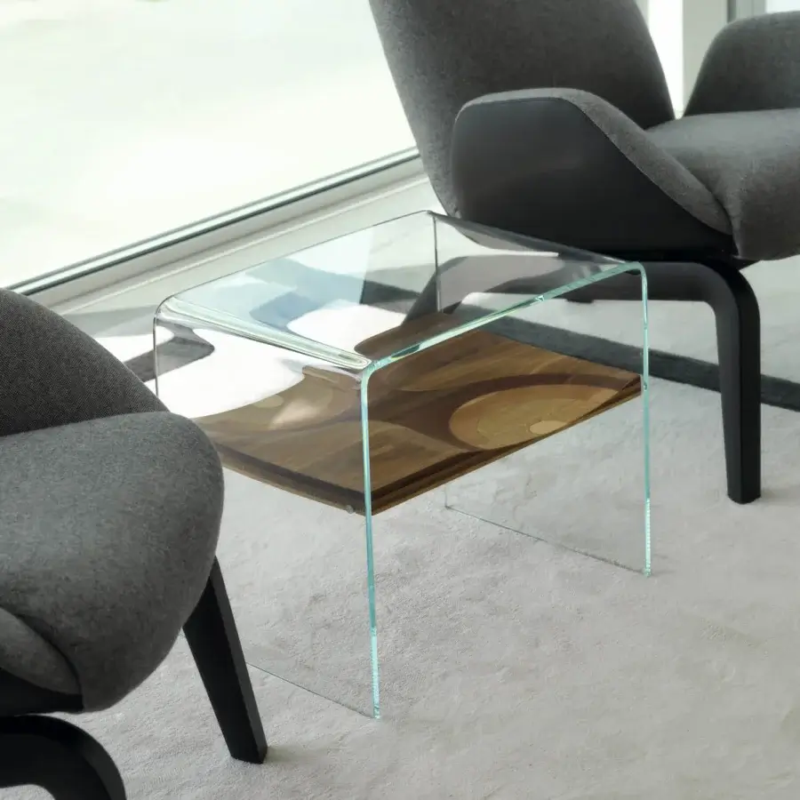 Superior Horm Bifronte side table crafted with a light brown wood shelf within a clear glass structure