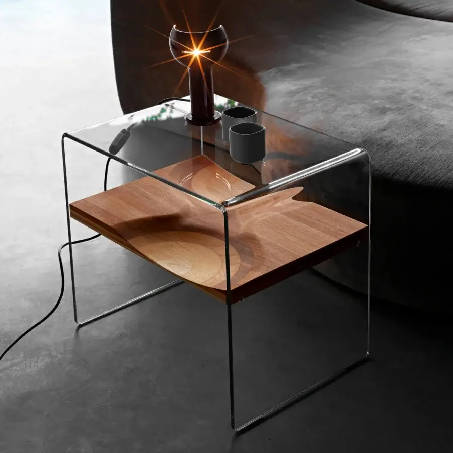 Exceptional Horm Bifronte side table with a light brown wood shelf suspended in clear glass and glossy finish