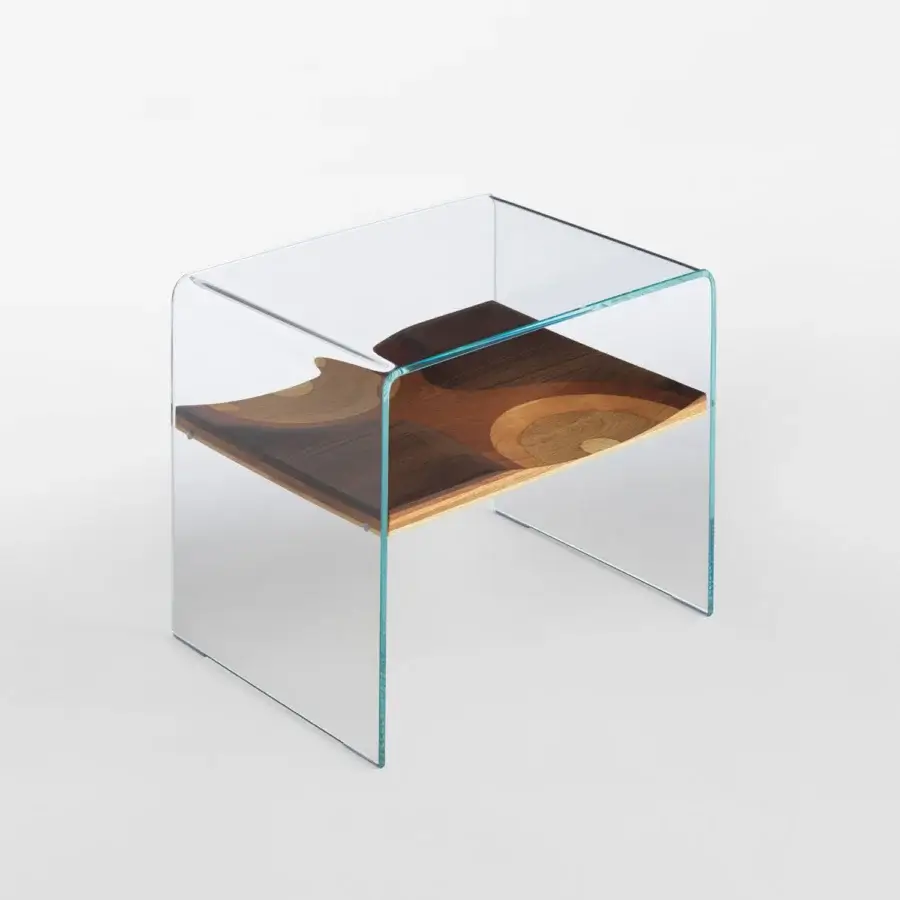 Exceptional Horm Bifronte side table with clear glass structure framing a wood shelf exhibiting concentric arc patterns in various brown shades