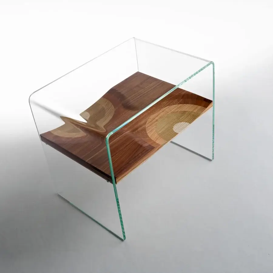 Superior Horm Bifronte side table with a clear glass frame suspending a multi-toned wood shelf exhibiting concentric arches