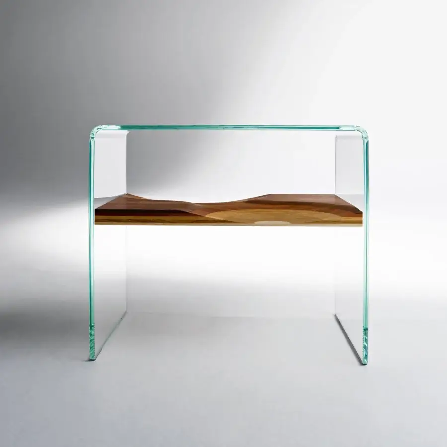 Captivating Horm Bifronte side table with extra clear glass framing a premium wood shelf displaying varying natural brown shades
