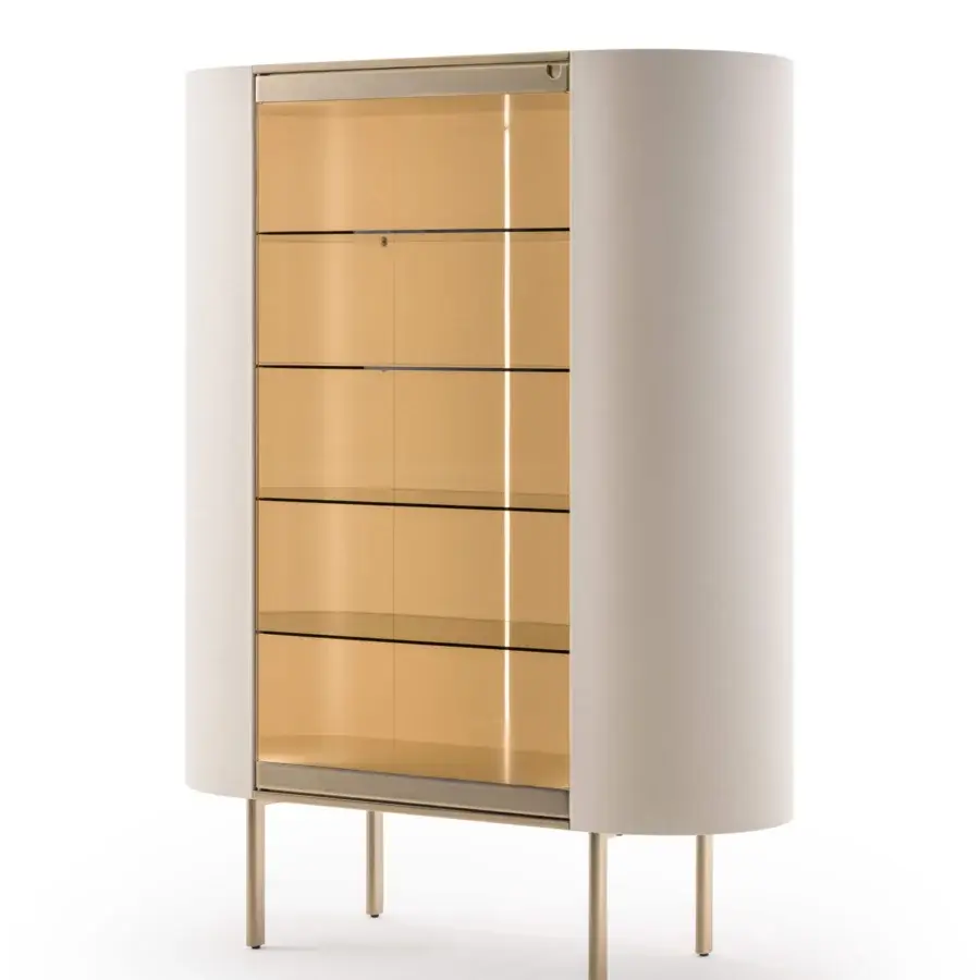 Exclusive Turri Roma showcase with curved silhouette, cream leather and champagne gold metal accents, built with glass shelves and internal lighting