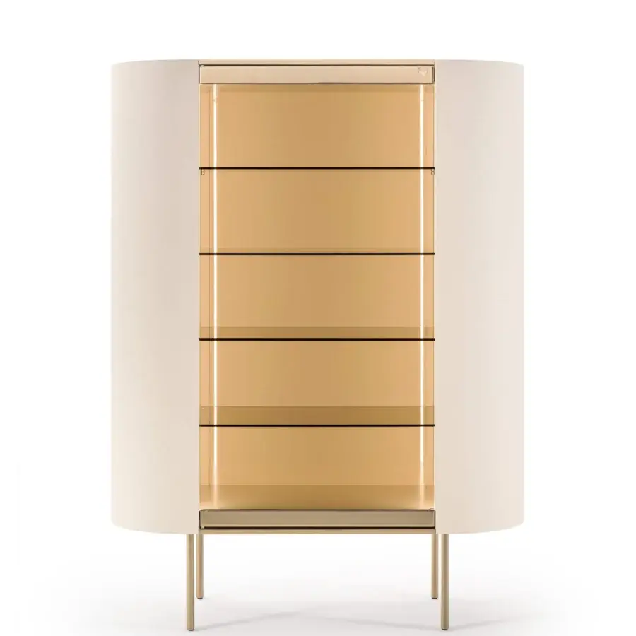 Superior Turri Roma showcase with curved sides, light cream leather and amber-toned glass shelves framed in black with champagne gold legs