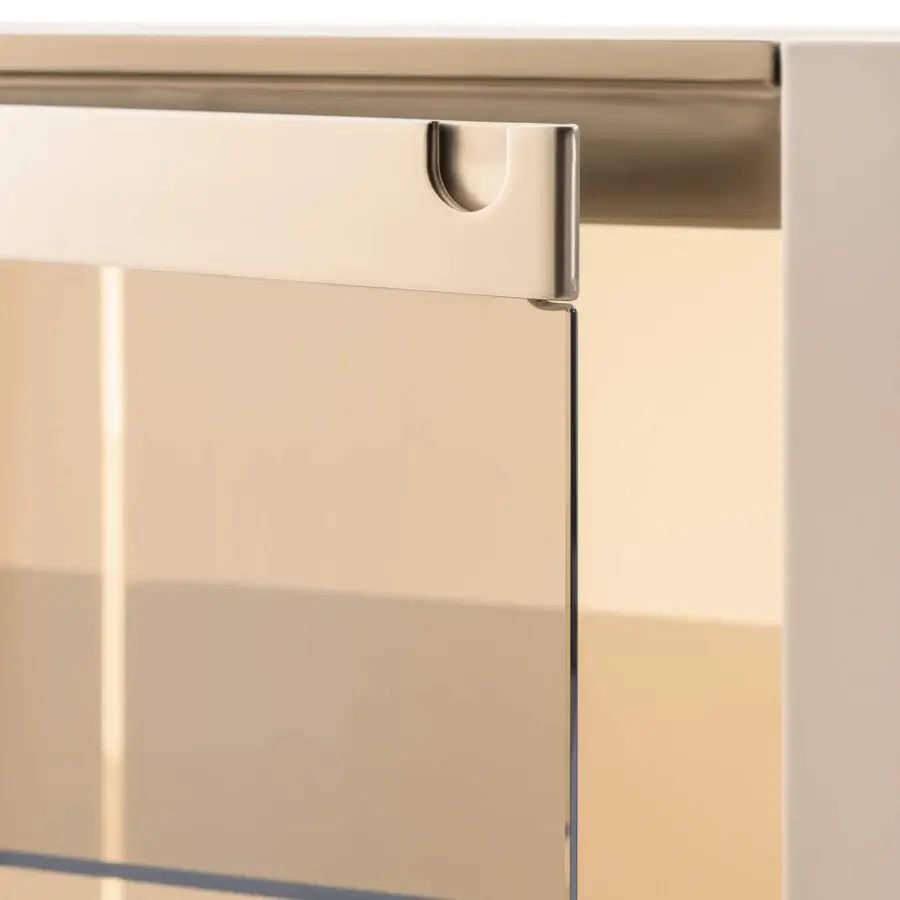 Lavish Turri Roma showcase with a central glass door, curved light beige leather and champagne gold metal details