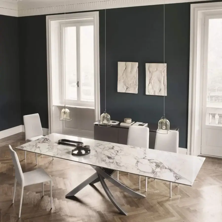 Distinctive Bontempi Artistico table with marble-like top and crossed matte gray metal legs crafted in Italy