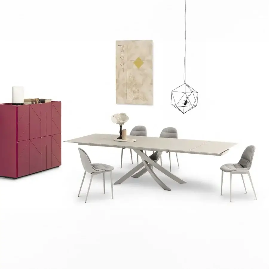 Elegant Bontempi Artistico table with light grey smooth tabletop and distinctive x-shaped forged metal base