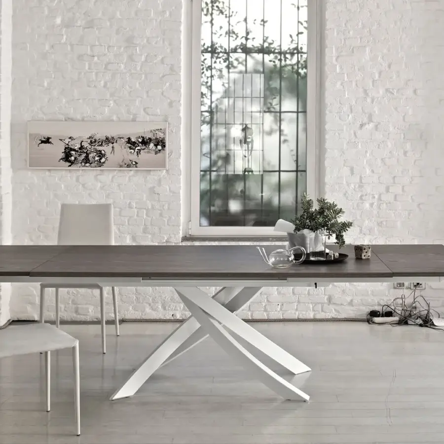 Exceptional Bontempi Artistico table with a dark gray wood-like top and crossing white geometric base crafted in Italy
