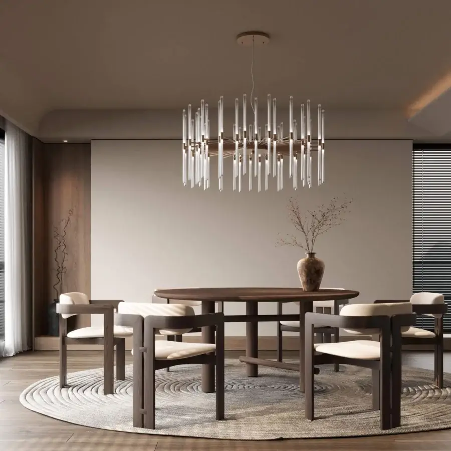 Refined Stillux Line suspension lamp with a central metal structure and tubular frosted pyrex glass diffusers in a satin finish