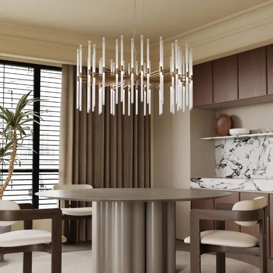 Distinguished Stillux Line suspension lamp with a golden metal structure and tubular frosted pyrex glass diffusers creating radiant lighting