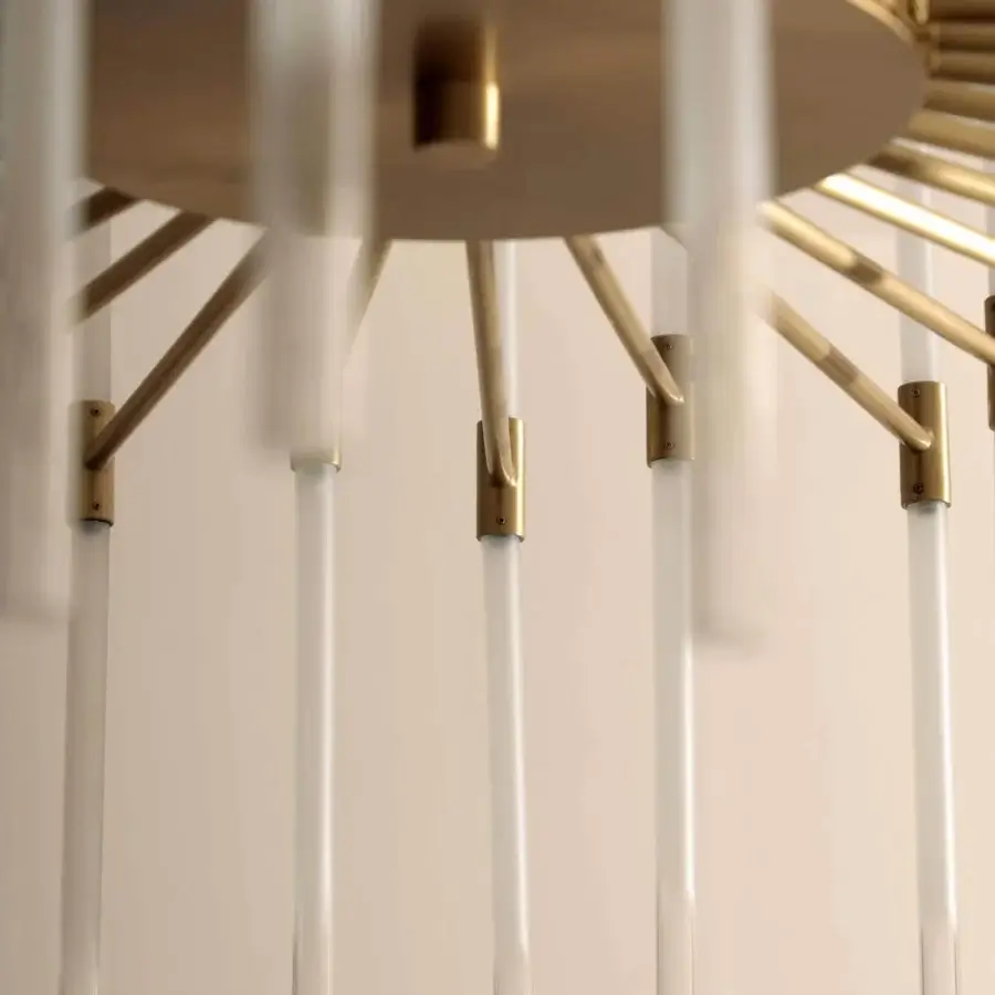 Superior Stillux Line suspension lamp with radiating arms crafted in muted gold and frosted pyrex glass diffusers