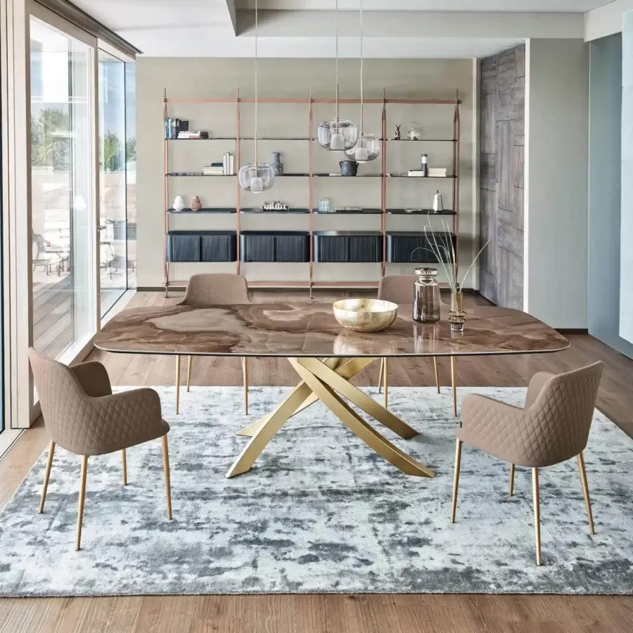 Distinctive Bontempi Artistico Barrel table with a gold metal base and glossy brown-beige patterned stone-like tabletop crafted in Italy