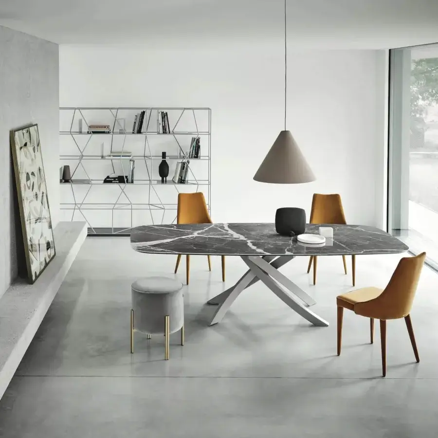 Distinguished Bontempi Artistico Barrel table with a light gray painted metal base and dark gray and white simulated marble tabletop
