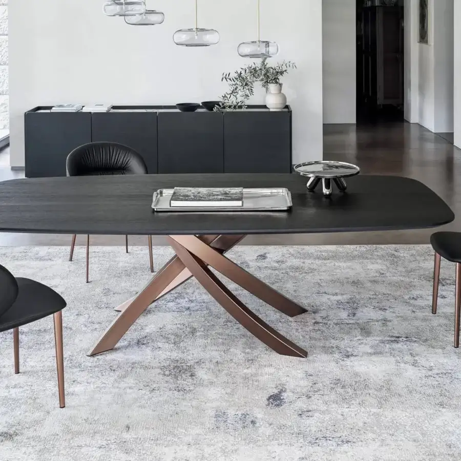 Exceptional Bontempi Artistico Barrel table with a dark wooden top and dark gray star-shaped metal base in a satin finish