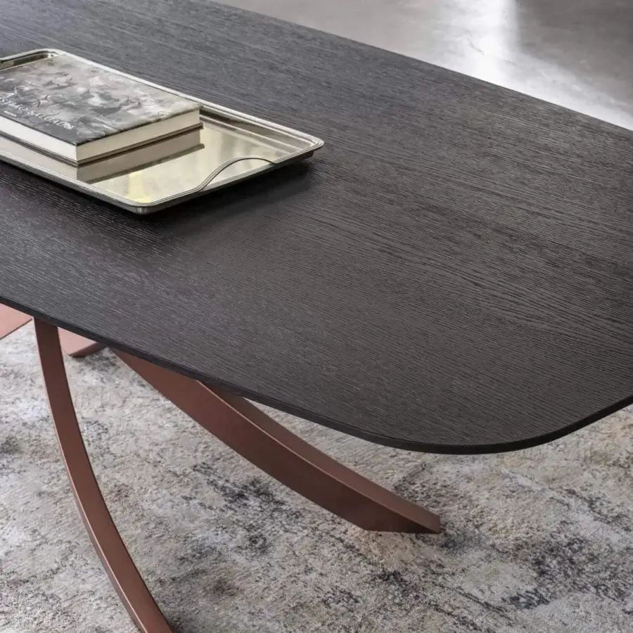 Superior Bontempi Artistico Barrel table with a dark wood tabletop and sculptural bronze-toned metal base crafted in Italy