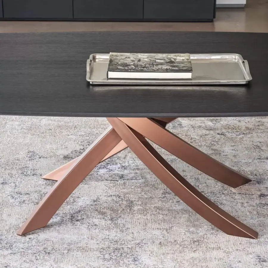 Elegant Bontempi Artistico Barrel table with a dark matte tabletop and interconnected curved reflective metal base