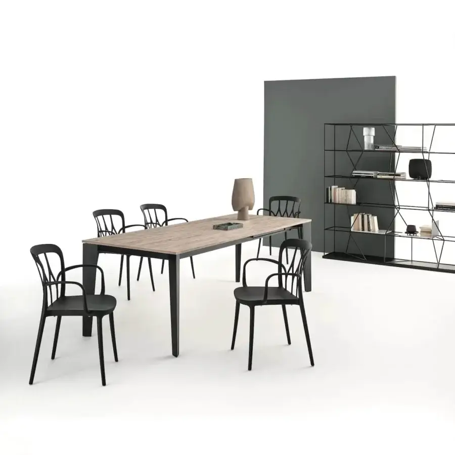 Superior Bontempi Cruz extendable table with light wood tabletop and dark-colored legs in matte finish