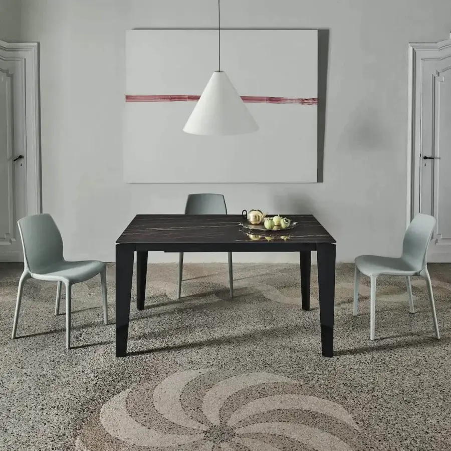 Exclusive Bontempi Cruz extendable table with dark brown patterned tabletop and glossy black legs