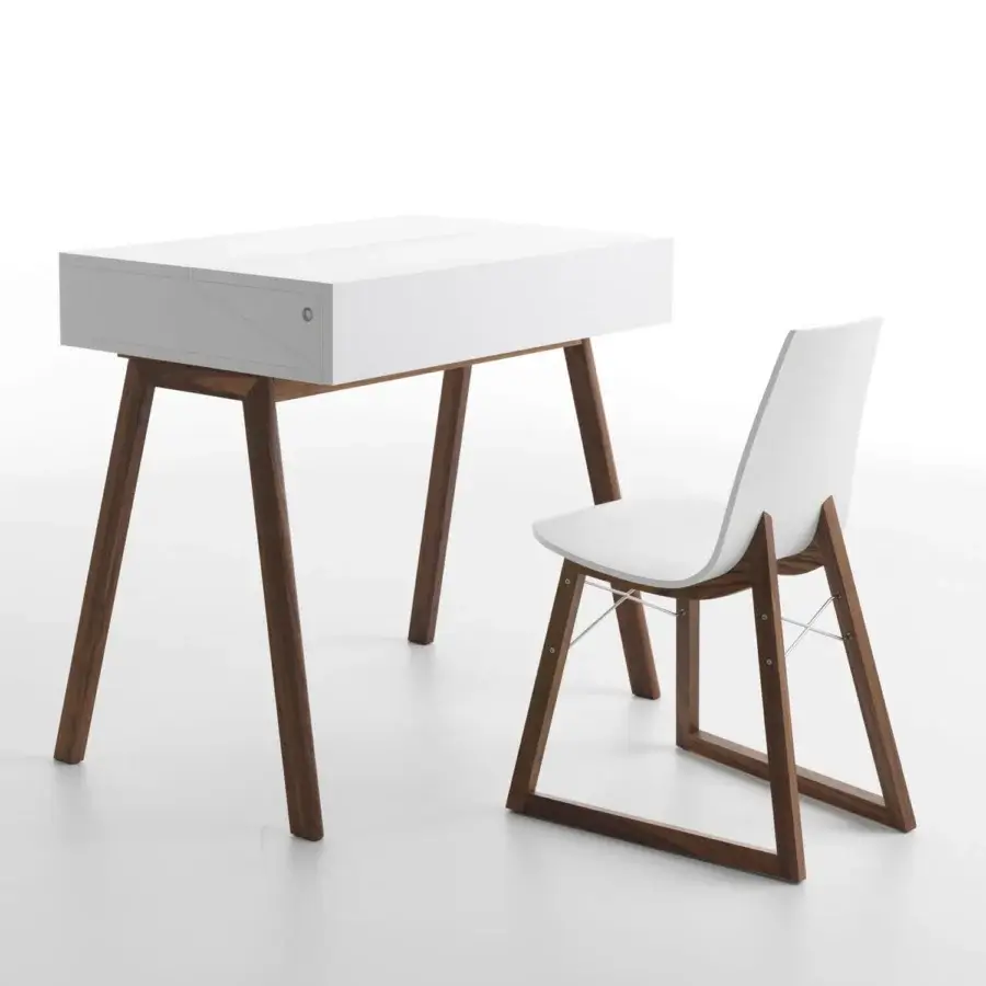 Captivating Horm Bureau desk with white matt lacquered MDF and medium-toned brown solid wood legs built with integrated LED lighting