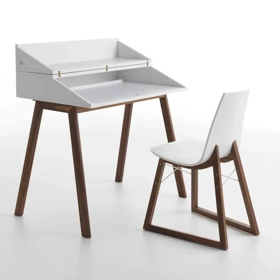 Elegant Horm Bureau desk with white matt lacquered MDF and dark brown solid wood legs crafted in Italy