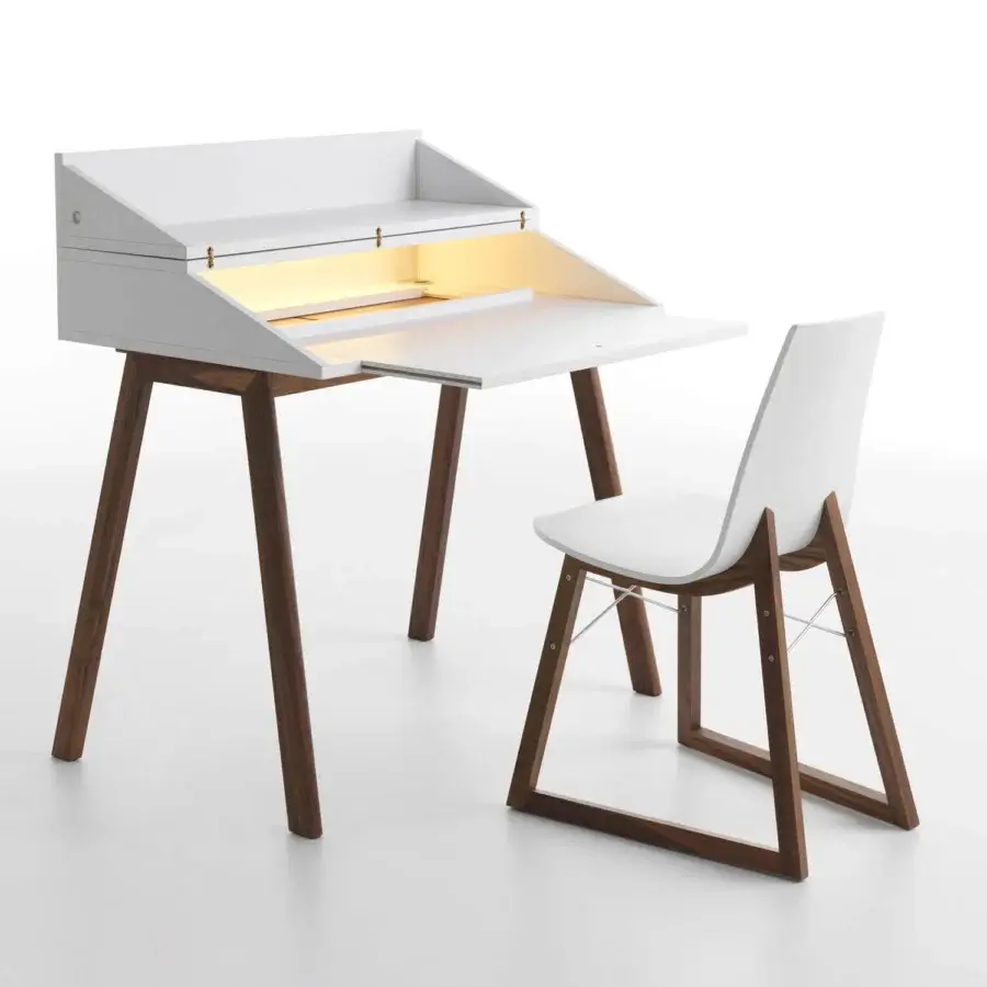 Distinguished Horm Bureau desk with white matt lacquered MDF and dark brown solid wood legs built in an LED light