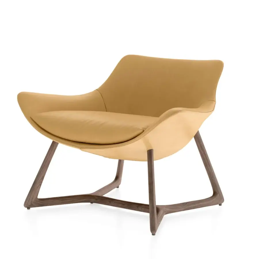 Superior Turri Harp Lounge Chair with light tan upholstery and a dark brown matte walnut wood base