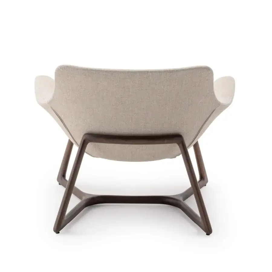 Distinguished Turri Harp Lounge Chair with a light beige textile seat and solid walnut wood base in a matte dark brown finish