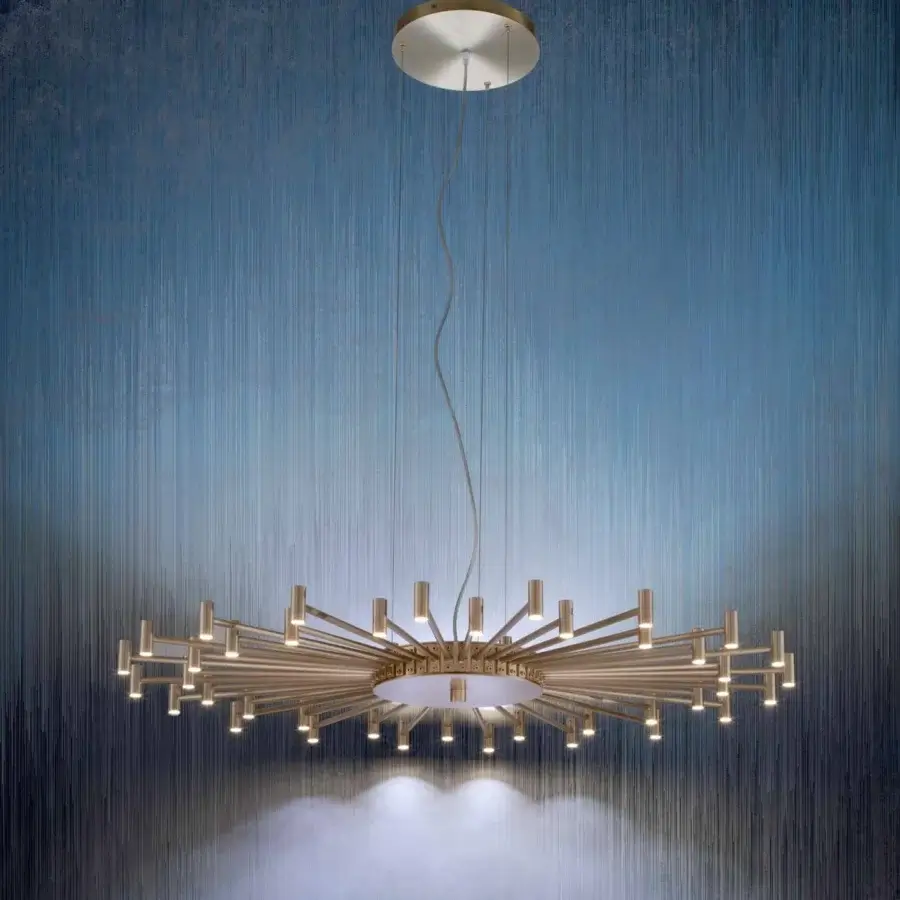 Distinguished Stillux Line Suspension Lamp lighting fixture with cylindrical sources and satin gold finish