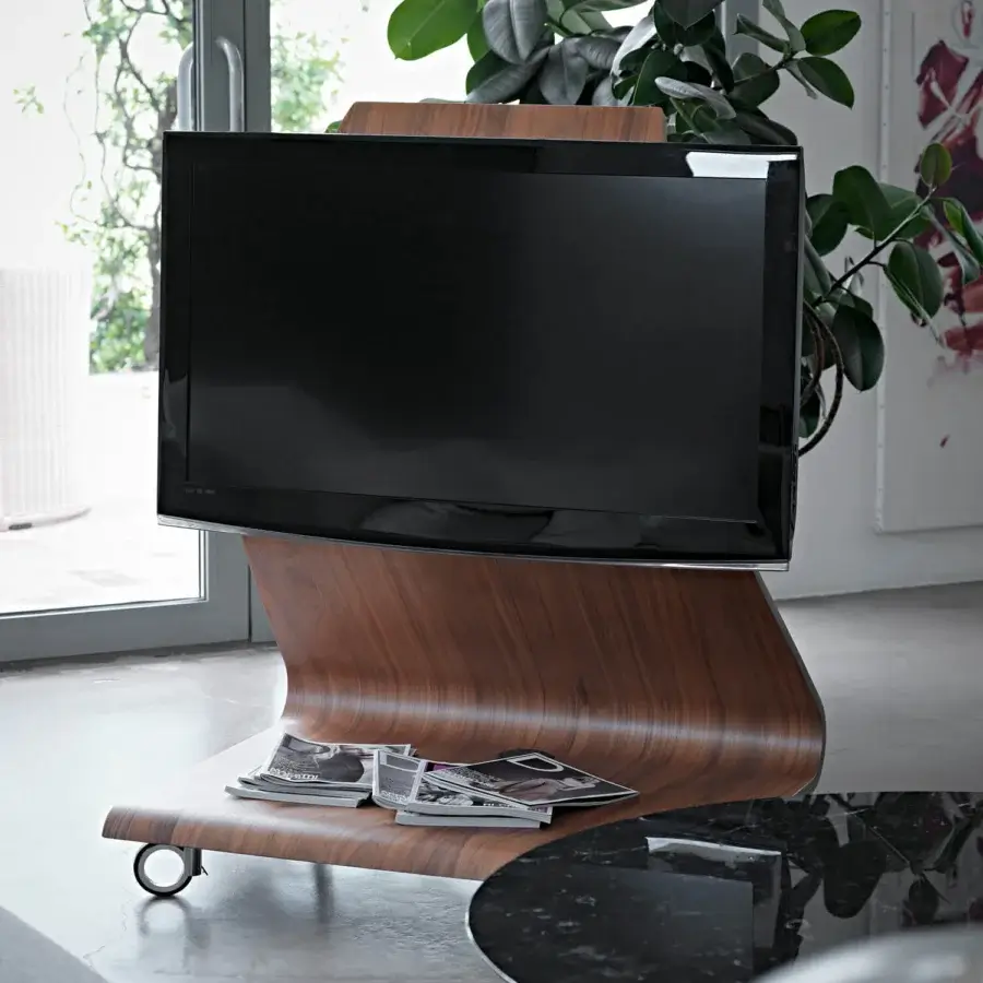 Distinguished Horm Cobra TV stand crafted with curved plywood in a glossy medium-toned brown, including wheels and ambient LED lighting