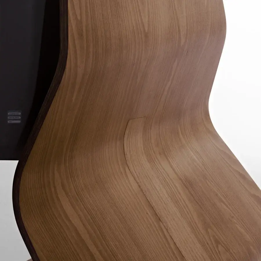 Distinguished Horm Cobra TV stand crafted in Italy with curved plywood, a smooth matte finish and integrated mood lighting
