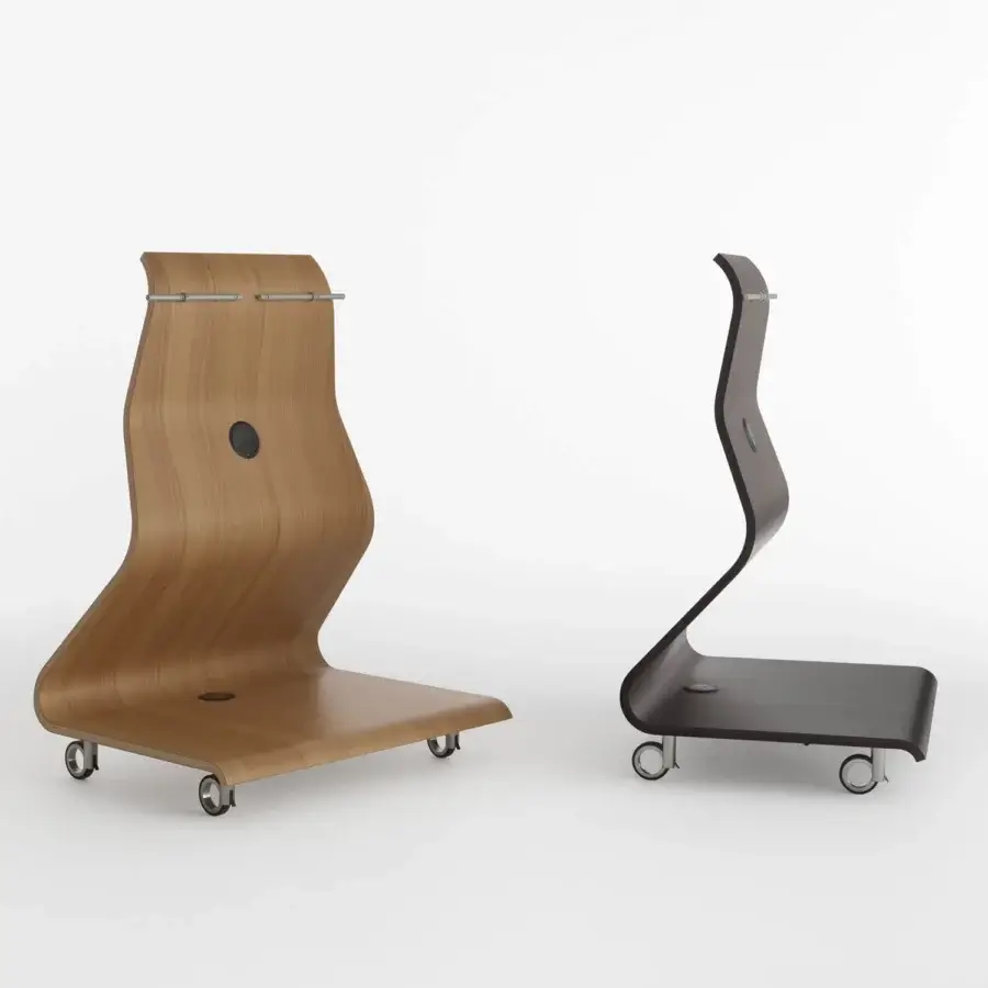 Innovative Horm Cobra TV stand with curved plywood, smooth wood grain finish, integrated lighting and brake-fitted wheels