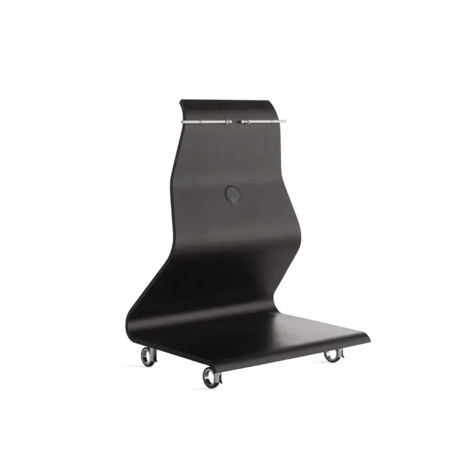 Distinguished Horm Cobra TV stand crafted with curved plywood, dark polished finish, brake-fitted wheels and mood lighting