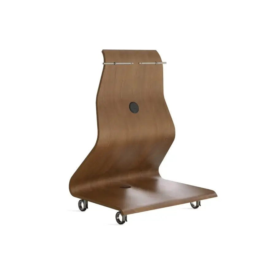 Superior Horm Cobra TV stand with curved plywood, medium-brown wood grain, polished finish and ambient LED lighting