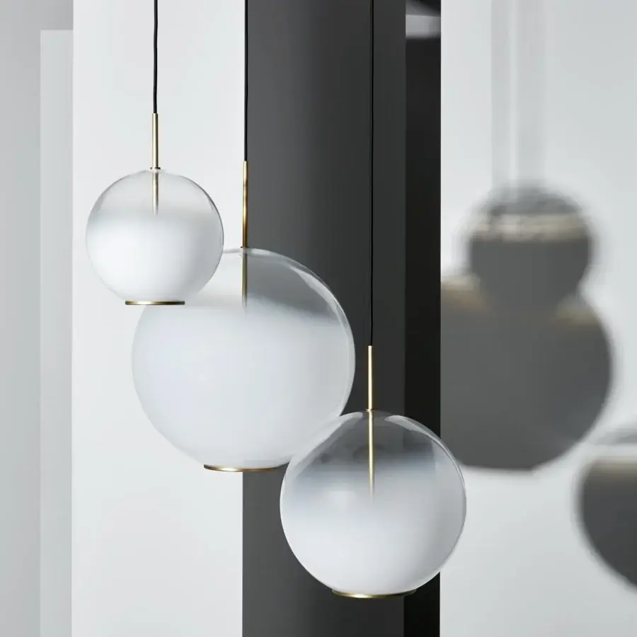 Elegant VENICEM Misty suspension lamp with blending white glass lampshade and natural burnished brass structure
