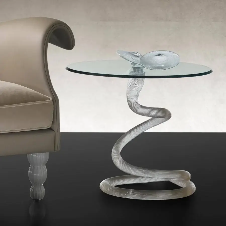 Elegant Reflex Ghibli side table with transparent ribbed Murano glass base and beveled glass top exhibiting a smooth glossy finish