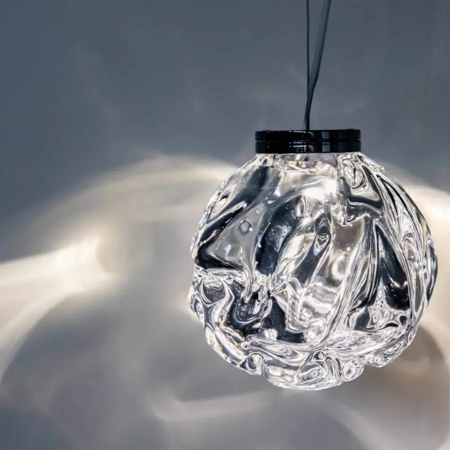 Exceptional Stillux Light suspension lamp with transparent textured Certified Lead Crystal and sleek chrome metal frame