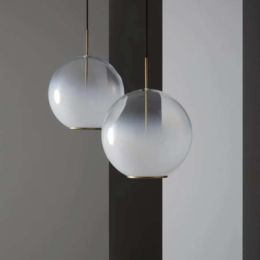 Distinguished VENICEM Misty suspension lamp with white blending glass lampshade and burnished brass structure suspended by a sleek black cord