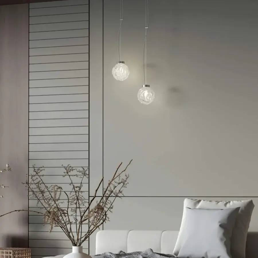 Elegant Stillux The Light suspension lamp with chrome metal frame and transparent certified lead crystal diffuser