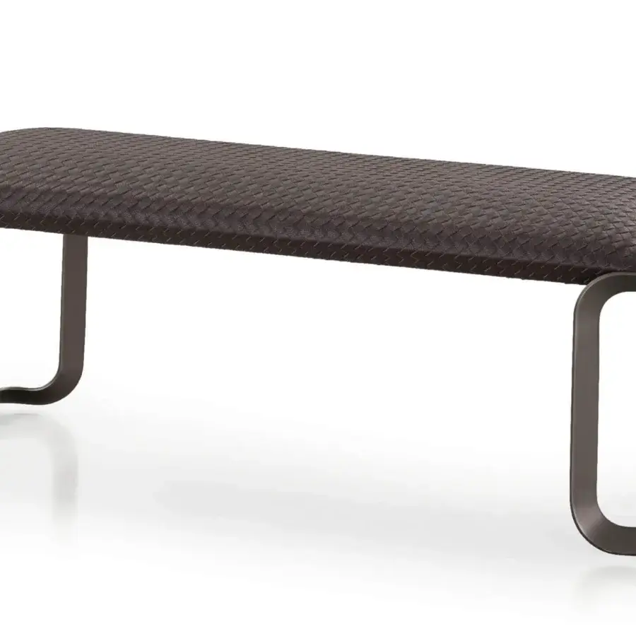 Exceptional Turri Milano bench with a curved brushed nickel metal structure and dark brown woven upholstery