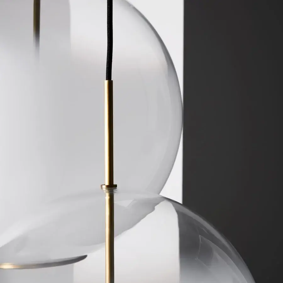 Exclusive VENICEM Misty suspension lamp with clustered clear glass spheres and natural burnished brass structure