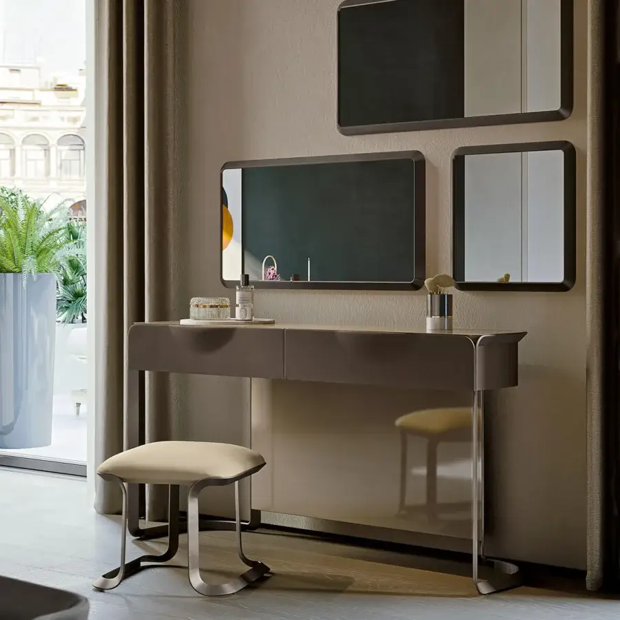 Superior Turri Milano ottoman in light beige textile with a curved brushed nickel metal structure